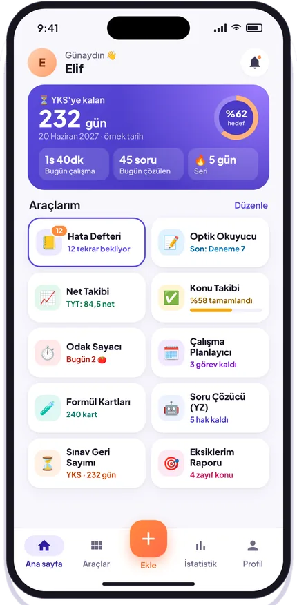 Öğrenci uygulaması ana ekranı: sınav geri sayımı ve araçlar