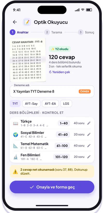 Optik okuyucuda cevap anahtarı ekranı